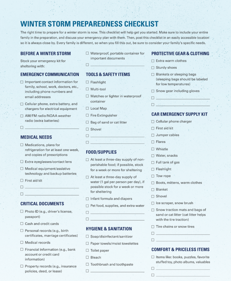 Checklist For Winter Storm Preparedness